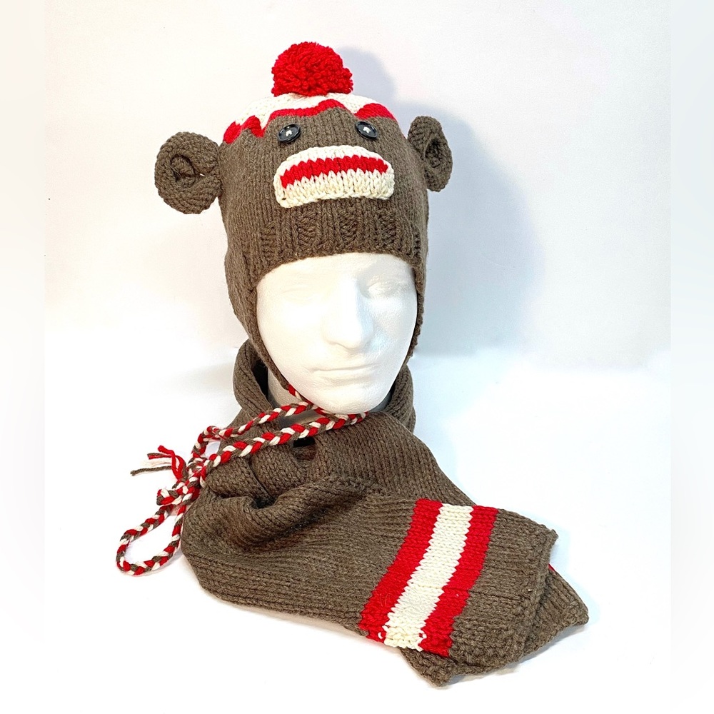 NWT Hand Knit Sock Monkey Beanie Hat and Scarf Set One Size Fits Most